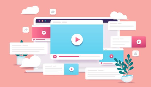 Laptop with lots of video windows and content. Digital marketing and video content concept. Vector illustration.